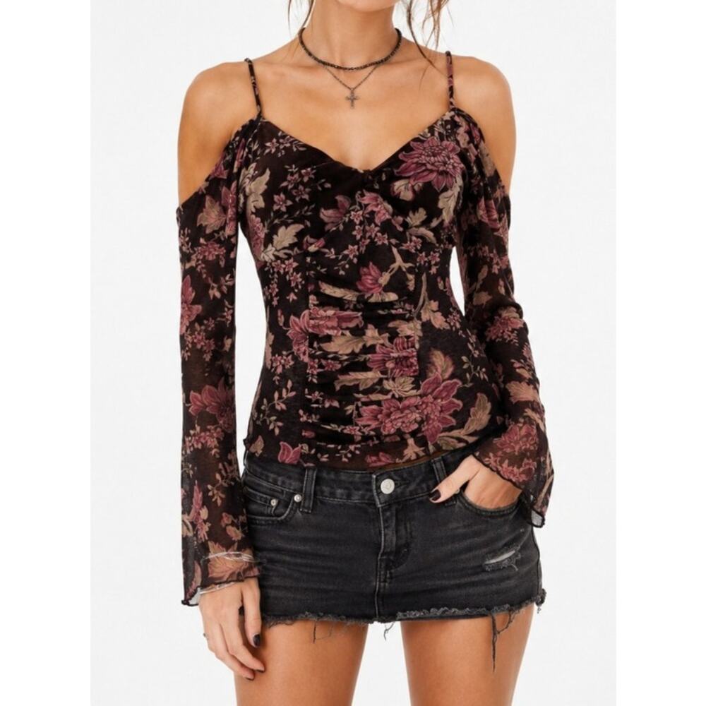 Express Vintage Burgundy Burnout Velvet Babydoll Ruched Top Whimsigoth Size L